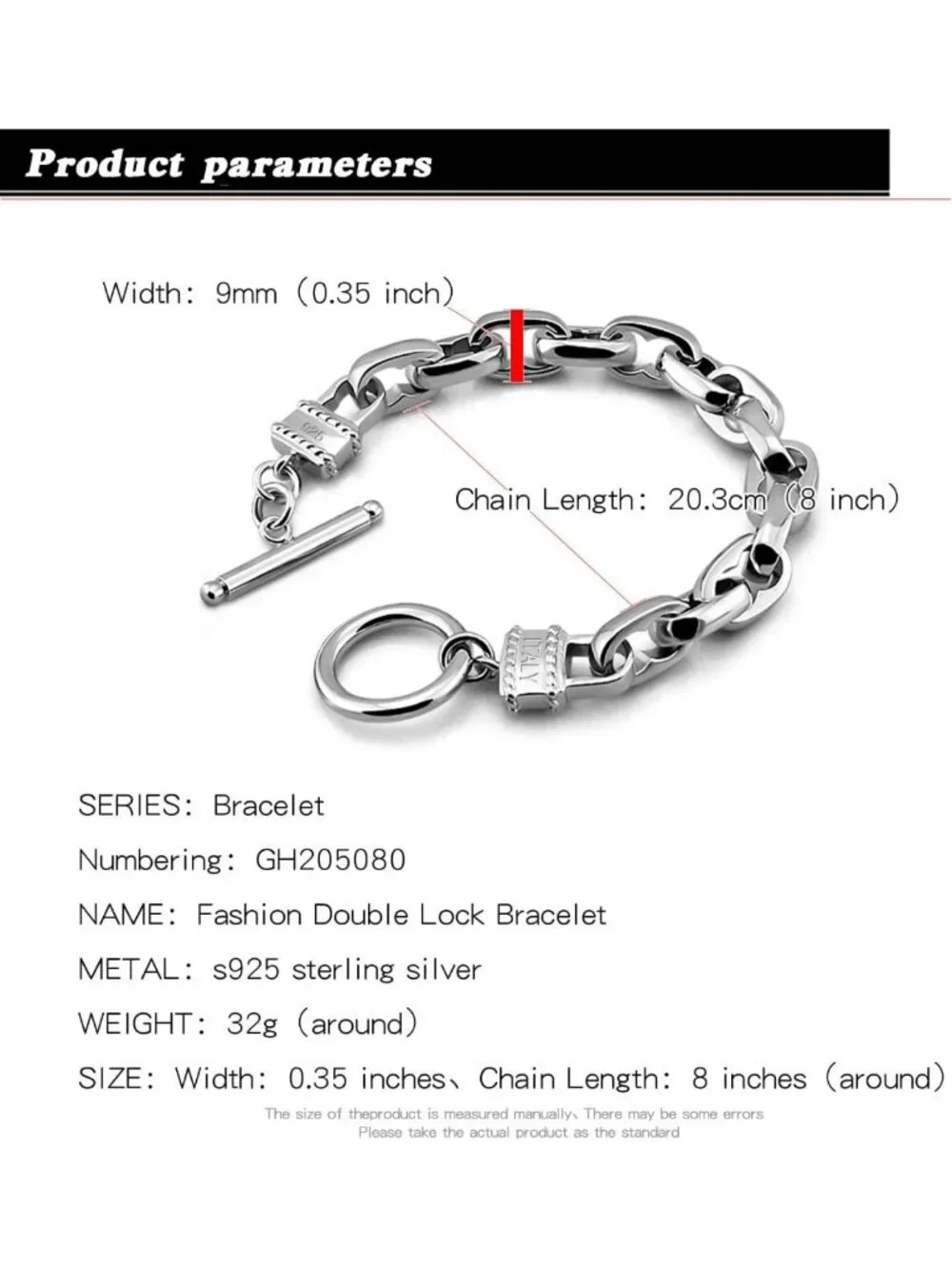 Handmade Solid 925 Silver Box Chain Bracelet for Men, Hip Hop Style, 7-10 Inch